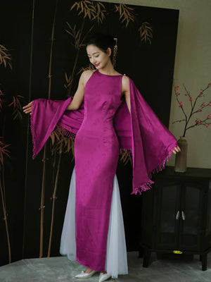 "Rose Hairpin" Dragon Fruit Color Piece Cheongsam Bridal Wedding Dress Engagement - Yandan_Hanfu