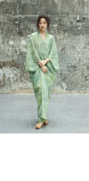 100% Ramie Modern Chinese Dress – Green Tie-Dye Print with Loose Silhouette & Camisole Layer - Yandan_Hanfu