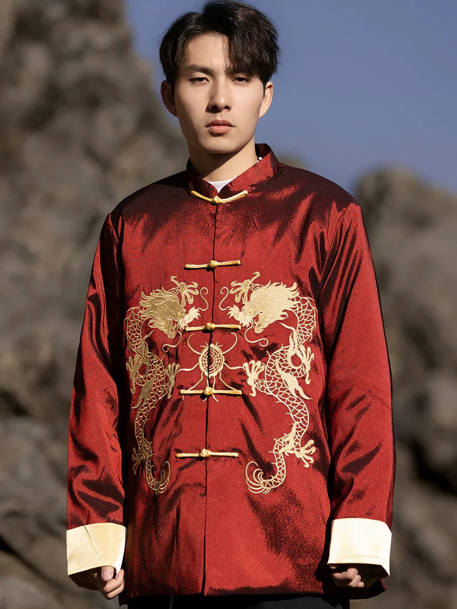 Chinese style dragon pattern embroidery retro Tang suit men's buckle winter cotton-padded jacket - Yandan_Hanfu