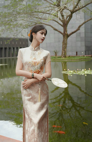 Golden Tang Ode – Luxury Modern Cheongsam | Artisanal Brocade & Couture Detailing - Yandan_Hanfu