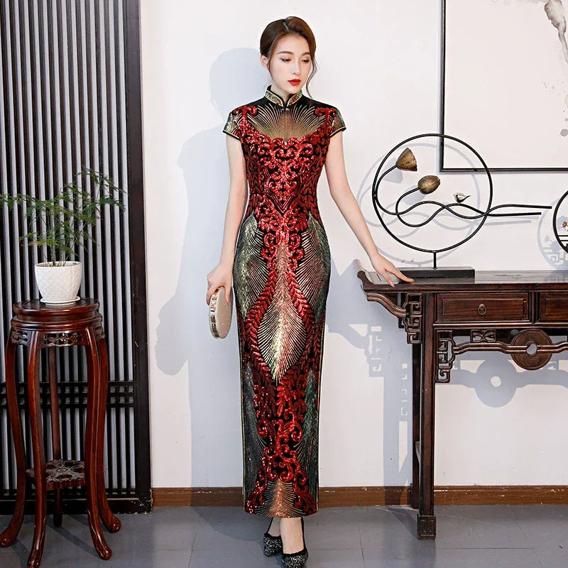 Floral pattern, long jacquard silk-satin cheongsam - Yandan_Hanfu