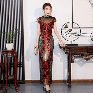 Floral pattern, long jacquard silk-satin cheongsam - Yandan_Hanfu