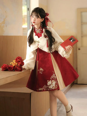 “Lucky Pony” – Red New-Year Hanfu Qipao Set | Modern Chinese Festive Outfit (Autumn/Winter) - Yandan_Hanfu