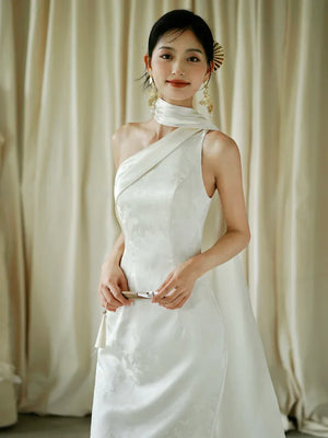 "Pianrou" White Jacquard Ribbon Morning Gown Knot Bridal Toast Dress Engagement Banquet Bar Mitzvah - Yandan_Hanfu
