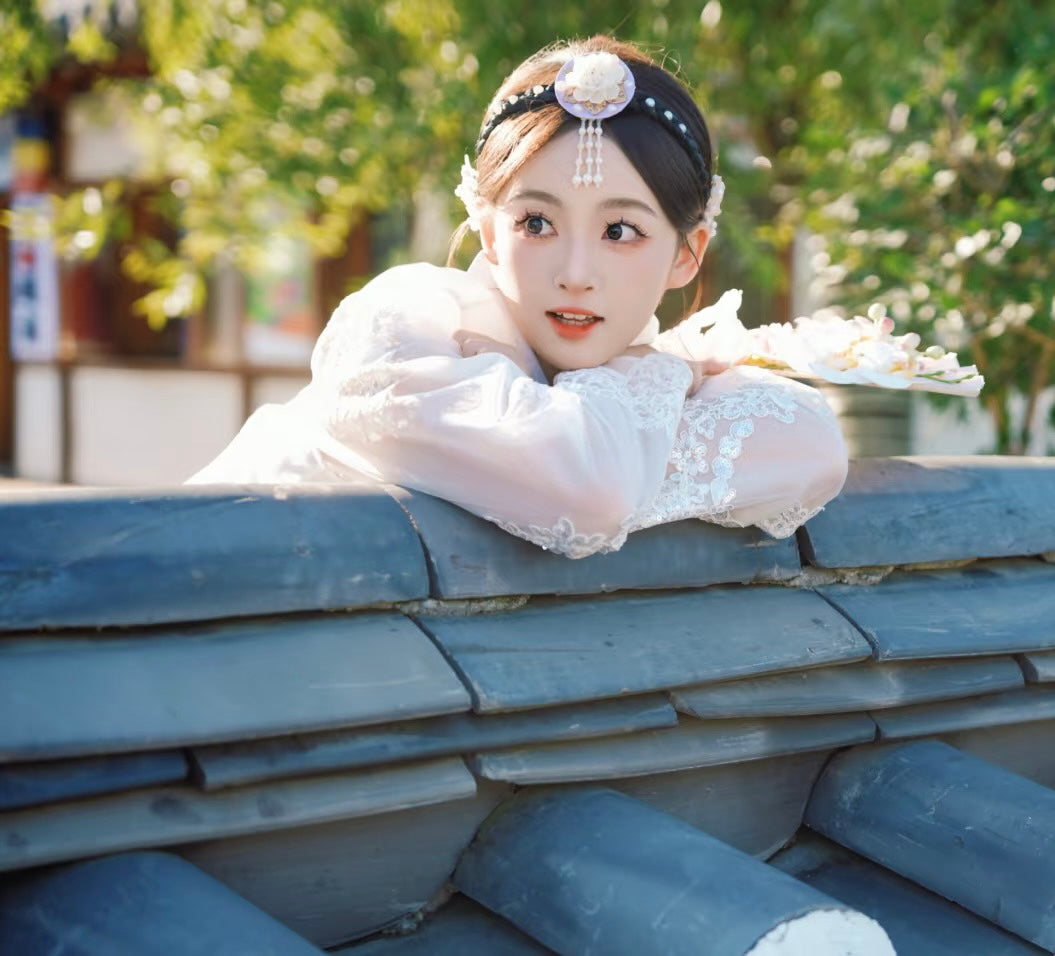 Close-up of white purple Korean female high-end genuine Yanji court hanbok with lace sleeve detail, leaning on tiled rooftop.