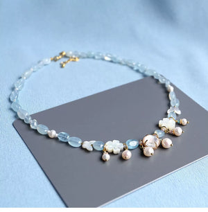 Butterfly Shell & Aquamarine Pearl Necklace – Hanfu Yingluo Accessory with Original Design - Yandan_Hanfu