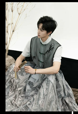 Unisex Modern Grey Hanfu Set – Cross-Collar Jacket with Brocade Ma Mian Skirt - Yandan_Hanfu