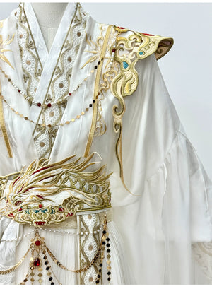 【Radiance of the Dragon】 White Hanfu Ensemble with Cross-Collar, Clouded Shoulders & Embroidered Seal men Unisex - Yandan_Hanfu