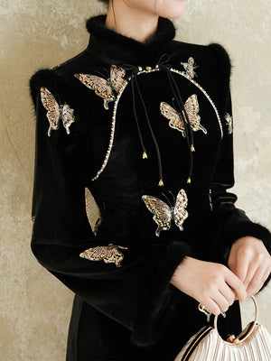 Black & Gold Velvet Cheongsam – Modern Chinese Winter Dress with Butterfly Bead Embroidery - Yandan_Hanfu