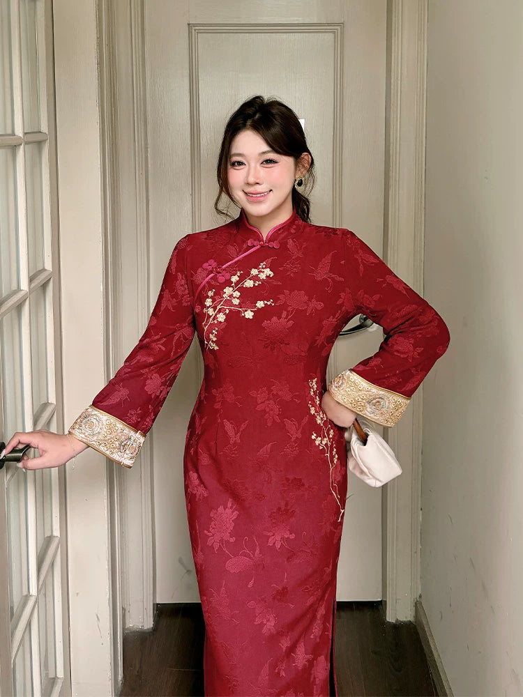 red and gold chinese dress Red Sequin Qipao with Gold Flowers, S