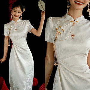 "Kite Butterfly" White Jacquard Cheongsam Bridal Toast Dress Engagement Dress - Yandan_Hanfu