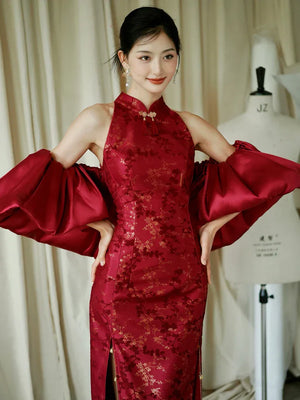"Jubilee Bell" Red Cheongsam Shawl Bridal Toast Engagement Dress - Yandan_Hanfu