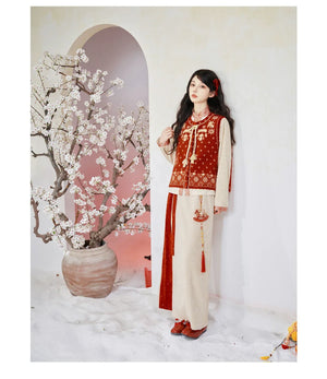 Sui’an – Winter Knit Set | Hanfu-Inspired Bijia Vest with Bow-Sleeve Top and Flowy Skirt - Yandan_Hanfu