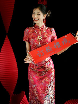 Yue Xi – Red Embroidered Jacquard Qipao for Wedding, Engagement & Tea Ceremony - Yandan_Hanfu