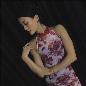 Elegant Sleeveless Red Floral Cheongsam – Modern Chinese-Style Vintage Long Qipao Dress - Yandan_Hanfu