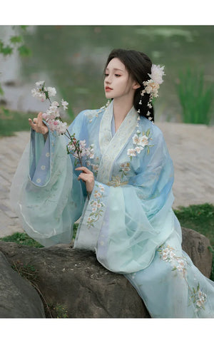 Blue Pear Blossom Moonlight – Traditional Hanfu Robe with Embroidered Jacquard Train - Yandan_Hanfu
