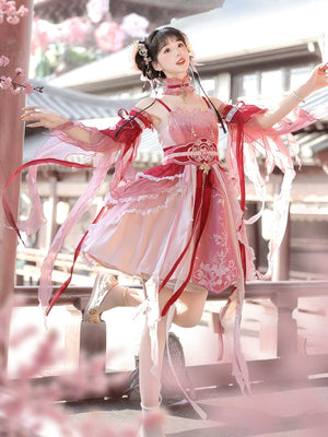 Elegant Red Hanfu Dress New Chinese Feather Rust Waist Seal Suspender Skirt styled with flowing ribbons and intricate embroidery in a palace courtyard.