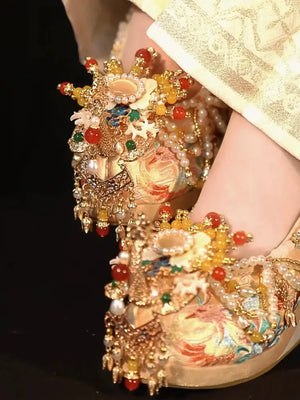 Champagne Golden Bride Chinese Wedding Shoes - Yandan_Hanfu