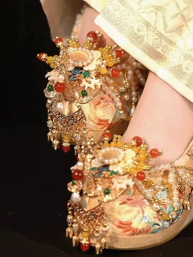 Champagne Golden Bride Chinese Wedding Shoes - Yandan_Hanfu
