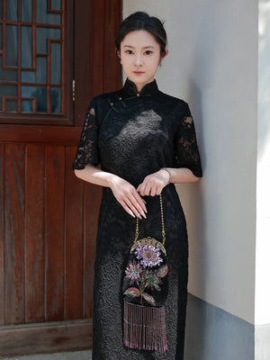 Embroidered Butterflies Black Bag | Canvas Crossbody with Beaded Chain - Yandan_Hanfu