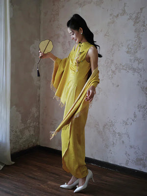 "Autumn Rhyme" Yellow Dark Pattern Cheongsam Shawl Bridal Wedding Dress Toast Dress - Yandan_Hanfu