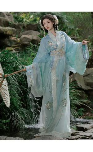 Blue Pear Blossom Moonlight – Traditional Hanfu Robe with Embroidered Jacquard Train - Yandan_Hanfu
