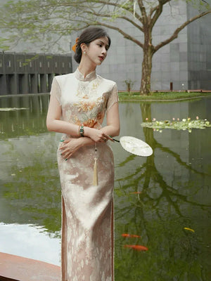 Golden Tang Ode – Luxury Modern Cheongsam | Artisanal Brocade & Couture Detailing - Yandan_Hanfu