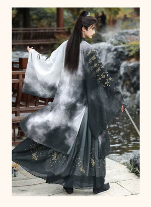 Golden Steps – Ink Bamboo & Butterfly Traditional Hanfu | Unisex Wei-Jin & Song Style Cross-Collar Wide-Sleeve Set - Yandan_Hanfu