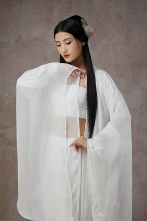 Graceful White Wide-Sleeve Chiffon Hanfu – Classical & Jazz Fusion Dance Dress - Yandan_Hanfu