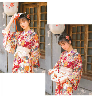 Dark red Japanese retro improved kimono Japanese yukata, fireworks kimono dress