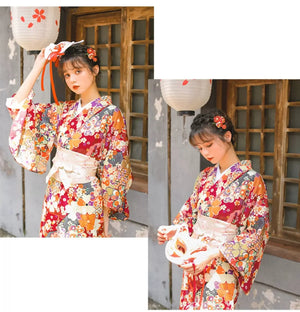 Dark red Japanese retro improved kimono Japanese yukata, fireworks kimono dress - Yandan_Hanfu