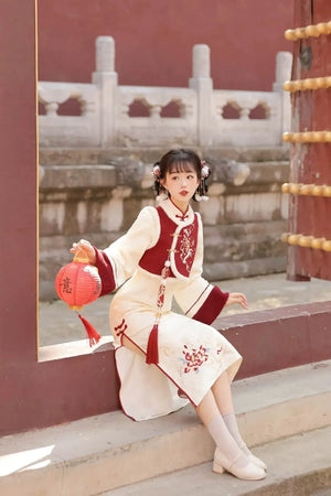 autumn and winter lolita spring dawn Chinese style short vest new year red robe long sleeve op cheongsam dress - Yandan_Hanfu