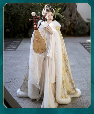 Gold Winter Fur Cape – Hanfu Cloak for Women | Thick, Warm & Elegant Festive Outerwear - Yandan_Hanfu