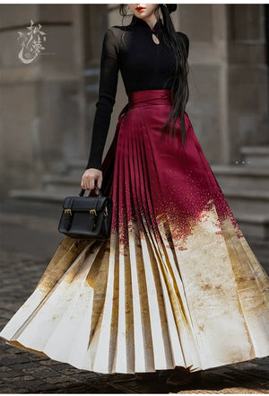 Lunar Spring River – Red Hanfu Maxi Skirt Set, New Chinese Style 6-Meter Hem Mamian Skirt with Knit Top & Wool Coat - Yandan_Hanfu