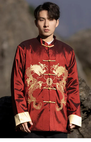 Chinese style dragon pattern embroidery retro Tang suit men's buckle winter cotton-padded jacket - Yandan_Hanfu