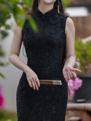 Silent Fragrance – Velvet Beaded Sleeveless Floor-Length Qipao with New Chinese Style Blazer - Yandan_Hanfu