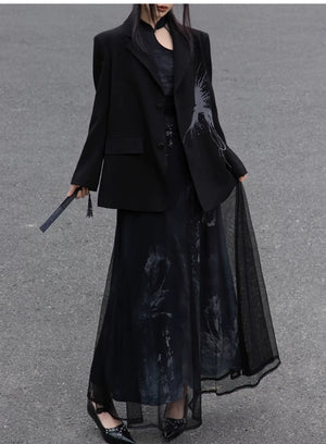 Iris Shadow – Sleeveless Grey Ombre Qipao | New Chinese Style Knitted A-Line Maxi Dress - Yandan_Hanfu