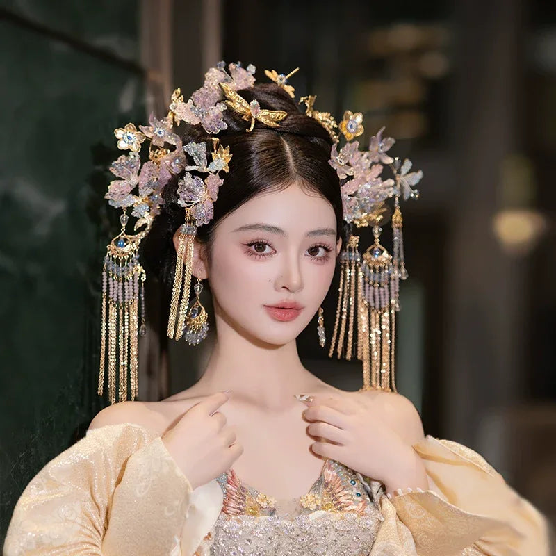 Light Toned Chinese Bridal Hairpin Set – Elegant Floral Headpiece for Hanfu, Qipao - Yandan_Hanfu