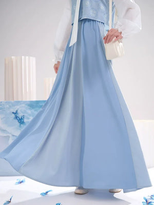 Sea Salt Sky Blue – Elegant Tang-Inspired Modern Hanfu with Long-Sleeve Top & Flowing Skirt - Yandan_Hanfu