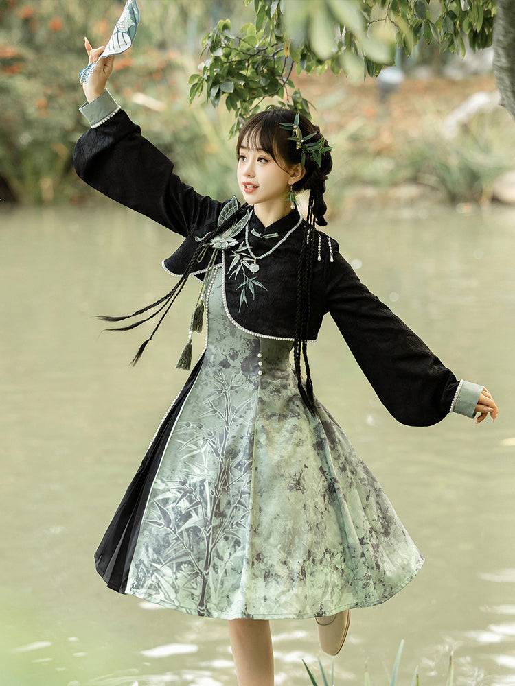 Cheongsam lolita verde con elemento Han de chica Mori de estilo chino con bambú de tabaco