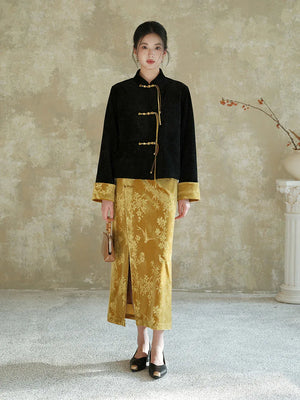 Velvet Elegance – Modern Chinese Women's Set | Black Embossed Tang-Style Jacket with Gold Skirt - Yandan_Hanfu