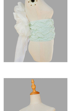 Side profile of mint green Bing'er kimono belt with white oversized flower knot, perfect for traditional Japanese outfits.