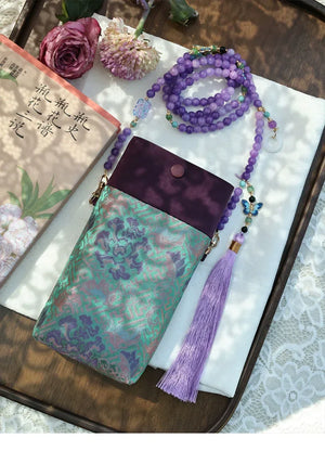 Floral Motif Bag | Color-Block Canvas Crossbody with Beaded Strap - Yandan_Hanfu