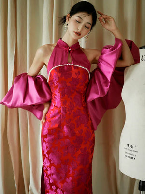 "Chuni" dragon fruit color jacquard cheongsam bride - Yandan_Hanfu