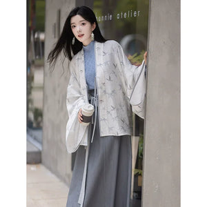 White Dew: Bamboo Shadows & Swallow Whispers – Jin-Style Hanfu Set | Tencel Pleated Robe with Rayon Camisole and Flowing Skirt - Yandan_Hanfu