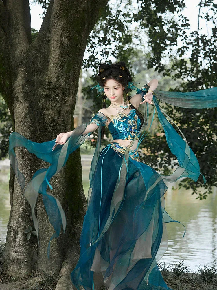 butterfly women's dress Blue Hanfu women's Dress exotic style Butterfly Cosplay Daji set (tube top + feather sleeves + special-shaped skirt + waist chain + necklace) / M