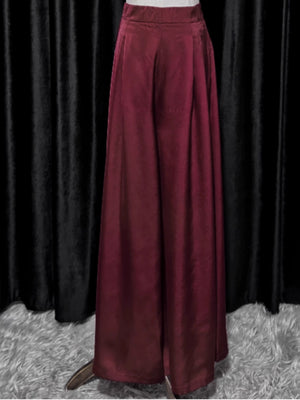 Burgundy satin wide-leg dance pants for classical performance outfit, elegant tencel cardigan