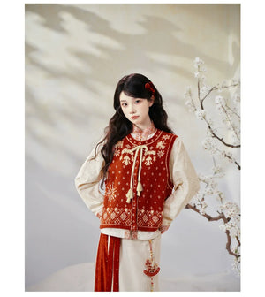 Sui’an – Winter Knit Set | Hanfu-Inspired Bijia Vest with Bow-Sleeve Top and Flowy Skirt - Yandan_Hanfu