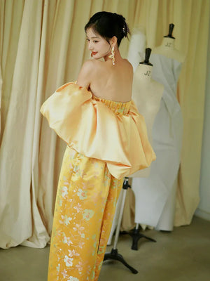 "Yunjing" yellow jacquard pregnant woman cheongsam bride toast dress - Yandan_Hanfu