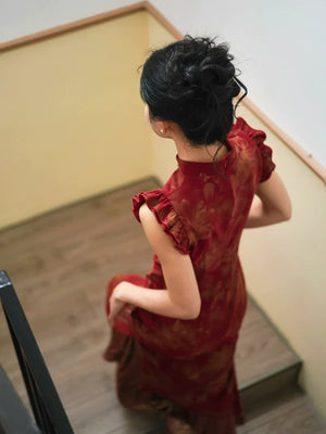 Lotus Step – Red Mermaid Qipao for Wedding, Engagement & Tea Ceremony - Yandan_Hanfu
